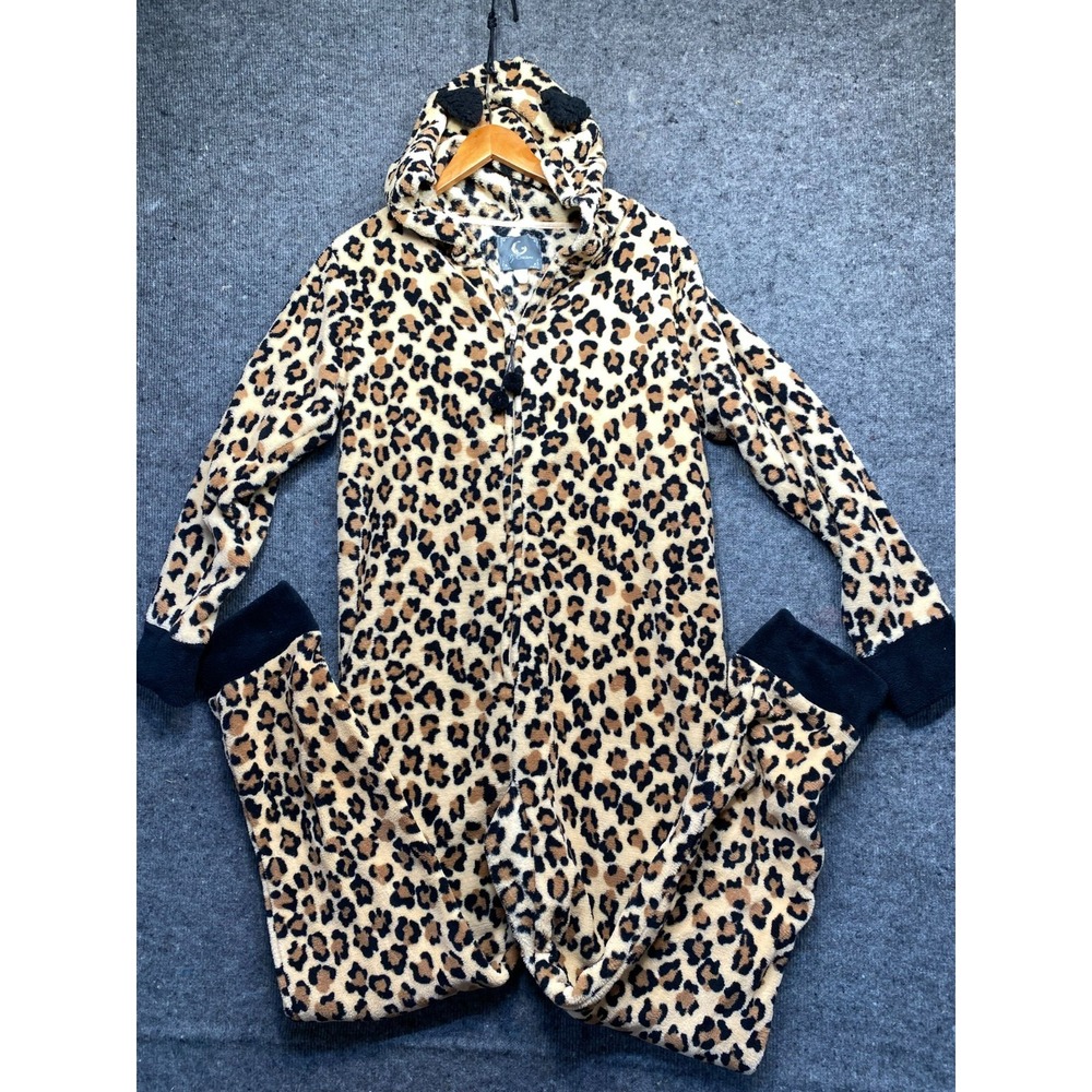 PJ Couture Womens Leopard Print Fleece One Piece Pajamas Brown Hooded Size Large